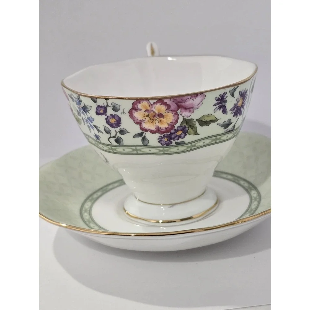 Royal Albert Hampton Bone China Cup & Saucer Set Floral Green Gold Trim